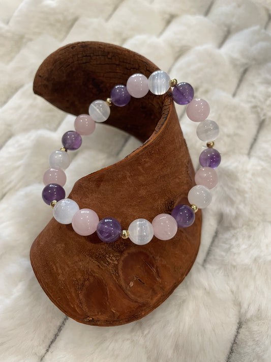 Bracelet Sélénite, Améthyste et Quartz Rose